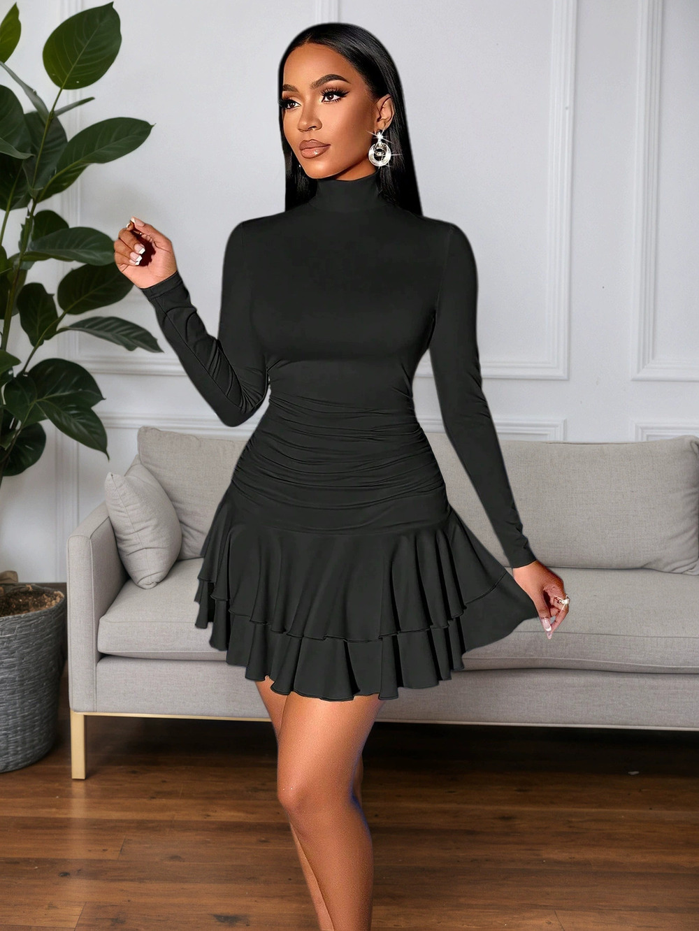 ZARA Black Turtleneck Slim Fit Knit Dress Waist Pleats Double Ruffle Short